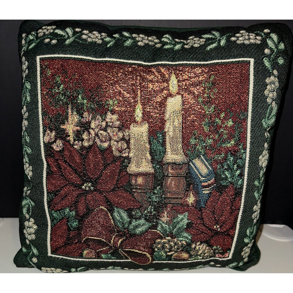 Holiday Tapestry Pillow Christmas Candles Poinsettia Floral Decorative Cushion